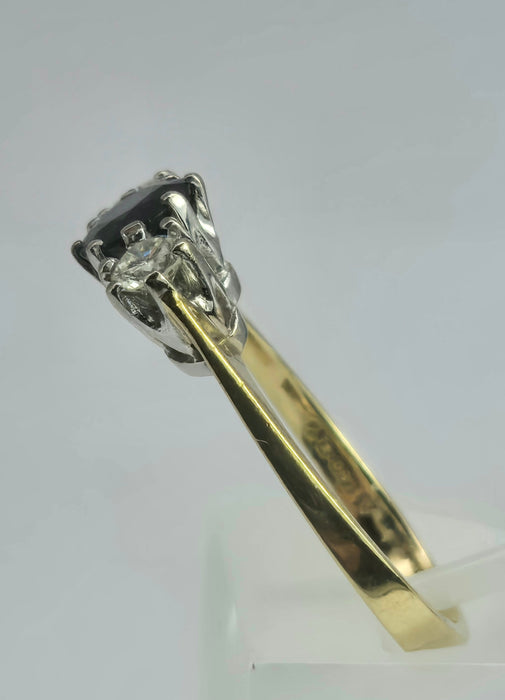 2071 Vintage: 18ct Yellow Gold French Blue Sapphire & Diamond Three Stone Ring — From 1984