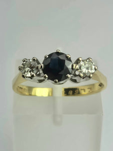 2071: Vintage; 18ct Gold French Blue Sapphire Diamonds (0.3ct) Three Stone Ring- From 1984