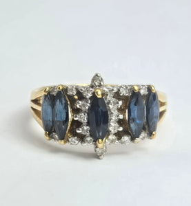 2098: Vintage: 18ct Gold 5 Sapphires Diamonds Half-Hoop Dress Ring- Fabulous