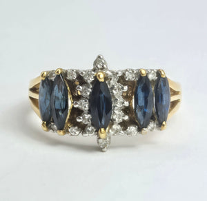 2098: Vintage: 18ct Gold 5 Sapphires Diamonds Half-Hoop Dress Ring- Fabulous