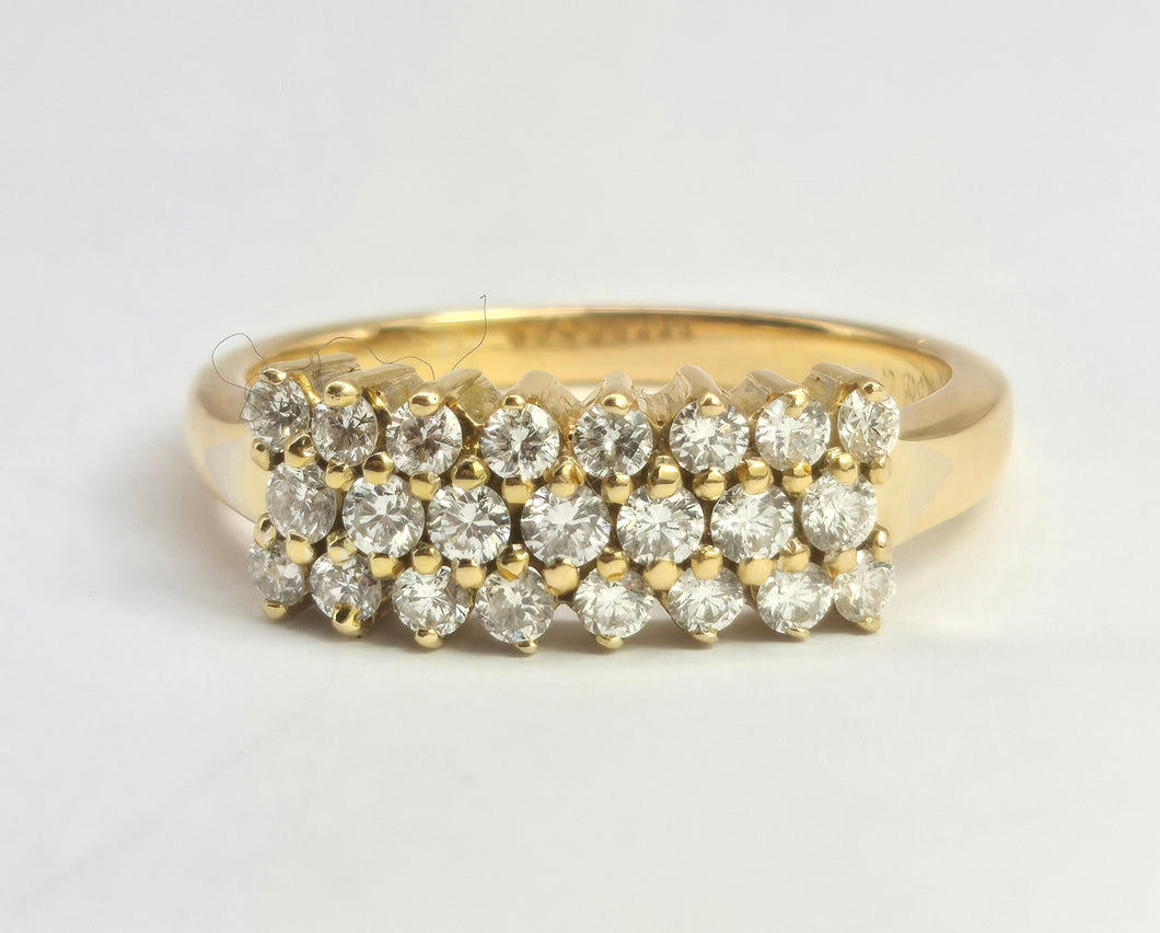 2103: Vintage: 18ct Gold Three- Row 23 Round Full Cut Diamonds (0.54ct) Ring- Exquisite