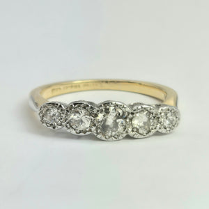 2106: Vintage: 18ct Gold natural Diamonds (0.69ct) 5-Stone Ring- Splendid