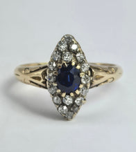 Cargar imagen en el visor de la galería, 2139: Vintage; 18ct Gold Art Deco Marquise Sapphire Diamonds Cluster Ring
