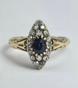 2139: Vintage; 18ct Gold Art Deco Marquise Sapphire Diamonds Cluster Ring