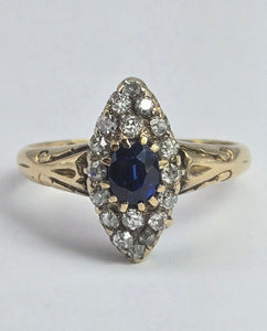 2139: Vintage; 18ct Gold Art Deco Marquise Sapphire Diamonds Cluster Ring