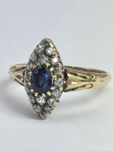 Cargar imagen en el visor de la galería, 2139: Vintage; 18ct Gold Art Deco Marquise Sapphire Diamonds Cluster Ring
