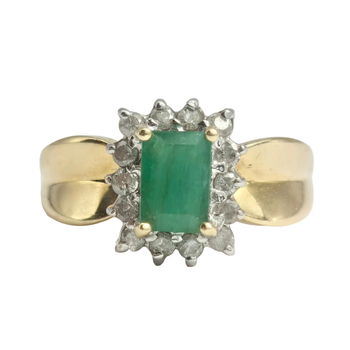 2140: Vintage;: 14ct Gold Emerald Cut Emerald (0.79ct) 14 Diamonds (0.43ct) Ring - LUSH