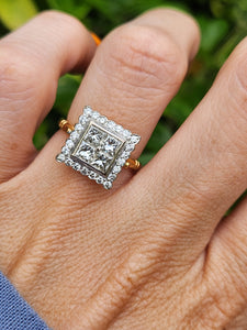 1944: Vintage; 18ct Gold Art Deco Style Diamonds (1.75ct) Square Cluster Ring- Fabulous