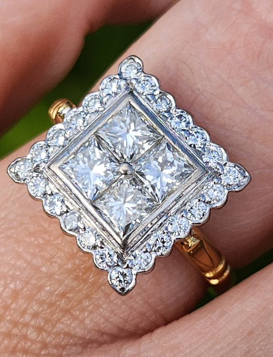 6534 Vintage: 18ct Yellow Gold Diamond Square Panel Ring — Art Deco Style