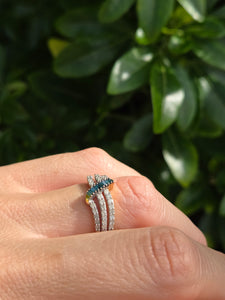 1895: Vintage: 9ct Gold Blue & White Diamonds Openwork Dress Ring- 50 natural sparkling diamonds