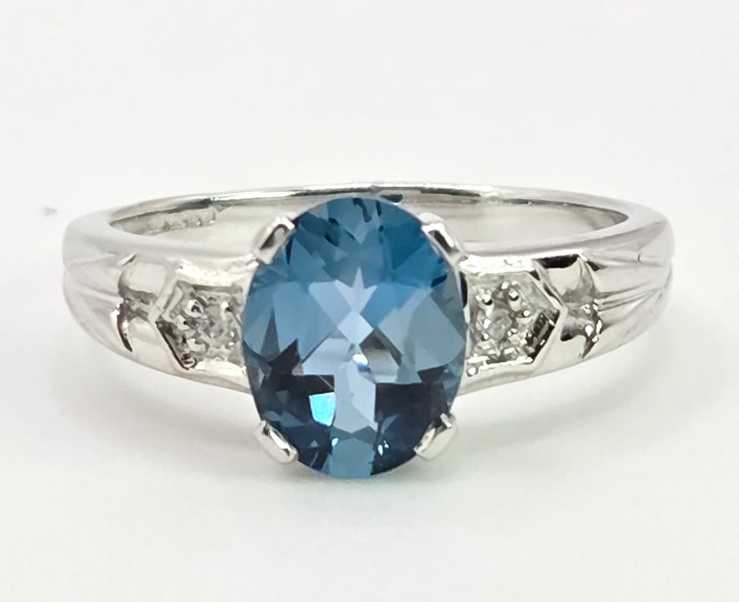 2060: Vintage; 9ct White Gold London Blue Topaz Diamonds Dress Ring