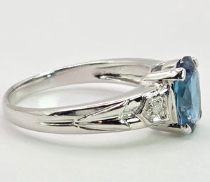 2060: Vintage; 9ct White Gold London Blue Topaz Diamonds Dress Ring