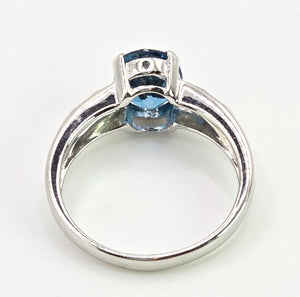 2060: Vintage; 9ct White Gold London Blue Topaz Diamonds Dress Ring