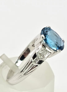 2060: Vintage; 9ct White Gold London Blue Topaz Diamonds Dress Ring