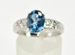 2060: Vintage; 9ct White Gold London Blue Topaz Diamonds Dress Ring