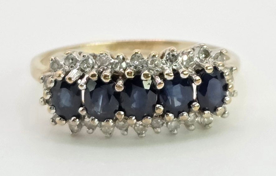 2125: Vintage: 9ct Gold 5 Australian Blue Sapphires 26 Diamonds Dress Ring