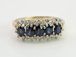 2125: Vintage: 9ct Gold 5 Australian Blue Sapphires 26 Diamonds Dress Ring