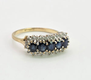 2125: Vintage: 9ct Gold 5 Australian Blue Sapphires 26 Diamonds Dress Ring