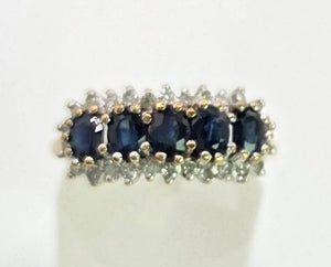 2125: Vintage: 9ct Gold 5 Australian Blue Sapphires 26 Diamonds Dress Ring