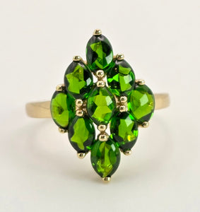2126: Vintage: 9ct Gold Green Diopsides Geometric Cocktail Ring- she scintillates&nbsp;