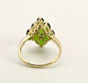 2126: Vintage: 9ct Gold Green Diopsides Geometric Cocktail Ring- she scintillates&nbsp;