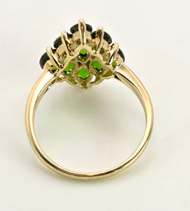 2126: Vintage: 9ct Gold Green Diopsides Geometric Cocktail Ring- she scintillates&nbsp;
