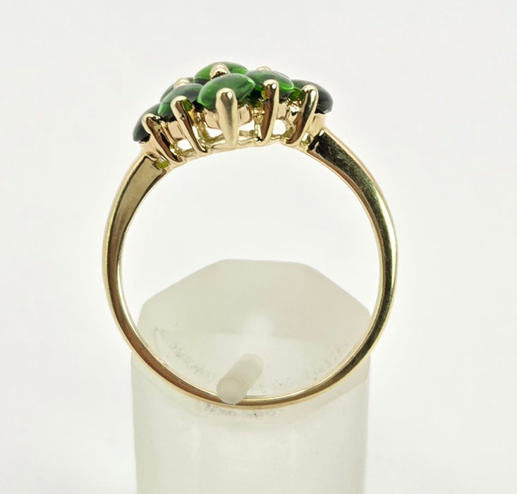 2126: Vintage: 9ct Gold Green Diopsides Geometric Cocktail Ring- she scintillates&nbsp;