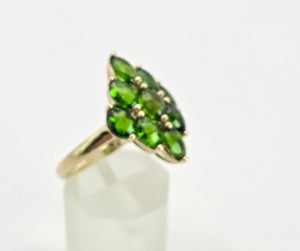 2126: Vintage: 9ct Gold Green Diopsides Geometric Cocktail Ring- she scintillates&nbsp;