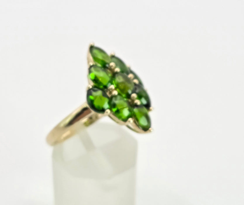 2126: Vintage: 9ct Gold Green Diopsides Geometric Cocktail Ring- she scintillates&nbsp;