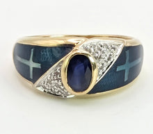Load image into Gallery viewer, 2149: Vintage: 9ct Gold Blue Sapphire, Enamel Diamonds Art Deco Style Ring- Geometric beauty
