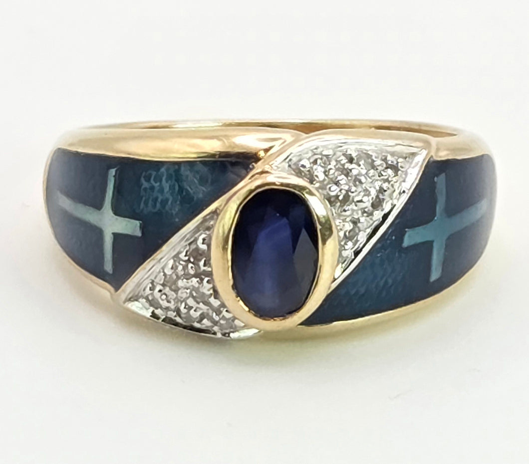 2149: Vintage: 9ct Gold Blue Sapphire, Enamel Diamonds Art Deco Style Ring- Geometric beauty