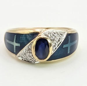 2149: Vintage: 9ct Gold Blue Sapphire, Enamel Diamonds Art Deco Style Ring- Geometric beauty