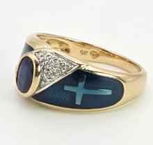 Load image into Gallery viewer, 2149: Vintage: 9ct Gold Blue Sapphire, Enamel Diamonds Art Deco Style Ring- Geometric beauty
