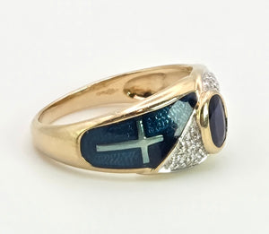 2149: Vintage: 9ct Gold Blue Sapphire, Enamel Diamonds Art Deco Style Ring- Geometric beauty