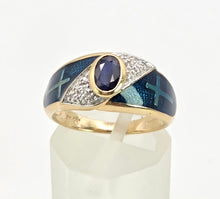 Load image into Gallery viewer, 2149: Vintage: 9ct Gold Blue Sapphire, Enamel Diamonds Art Deco Style Ring- Geometric beauty
