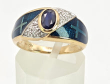 Load image into Gallery viewer, 2149: Vintage: 9ct Gold Blue Sapphire, Enamel Diamonds Art Deco Style Ring- Geometric beauty
