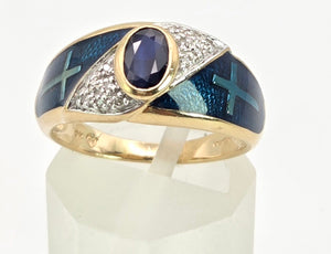 2149: Vintage: 9ct Gold Blue Sapphire, Enamel Diamonds Art Deco Style Ring- Geometric beauty
