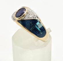 Load image into Gallery viewer, 2149: Vintage: 9ct Gold Blue Sapphire, Enamel Diamonds Art Deco Style Ring- Geometric beauty
