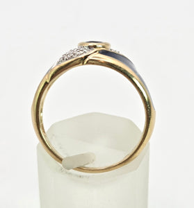 2149: Vintage: 9ct Gold Blue Sapphire, Enamel Diamonds Art Deco Style Ring- Geometric beauty