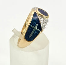 Load image into Gallery viewer, 2149: Vintage: 9ct Gold Blue Sapphire, Enamel Diamonds Art Deco Style Ring- Geometric beauty
