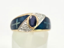 Load image into Gallery viewer, 2149: Vintage: 9ct Gold Blue Sapphire, Enamel Diamonds Art Deco Style Ring- Geometric beauty
