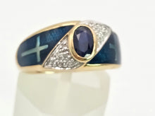 Load image into Gallery viewer, 2149: Vintage: 9ct Gold Blue Sapphire, Enamel Diamonds Art Deco Style Ring- Geometric beauty
