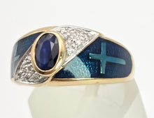 Load image into Gallery viewer, 2149: Vintage: 9ct Gold Blue Sapphire, Enamel Diamonds Art Deco Style Ring- Geometric beauty
