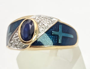 2149: Vintage: 9ct Gold Blue Sapphire, Enamel Diamonds Art Deco Style Ring- Geometric beauty