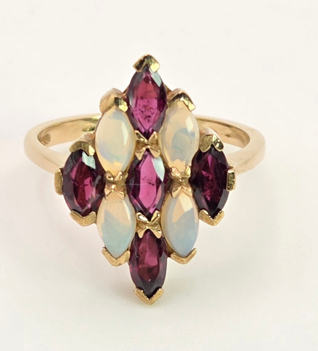 2152: Vintage: 9ct Gold Almandine Garnets White Opals Geometric Set Ring