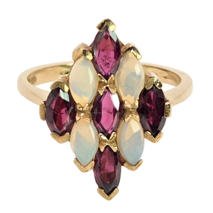 2152: Vintage: 9ct Gold Almandine Garnets White Opals Geometric Set Ring