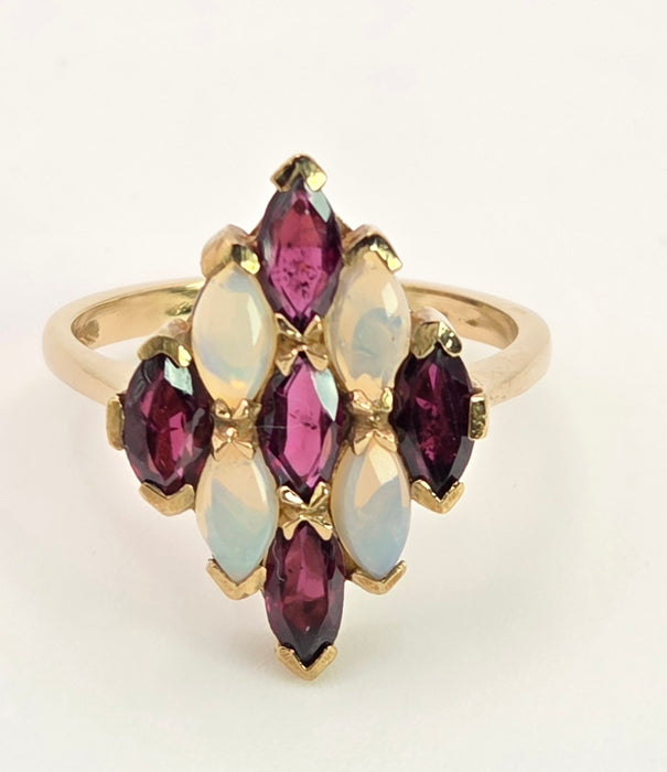 2152: Vintage: 9ct Gold Almandine Garnets White Opals Geometric Set Ring