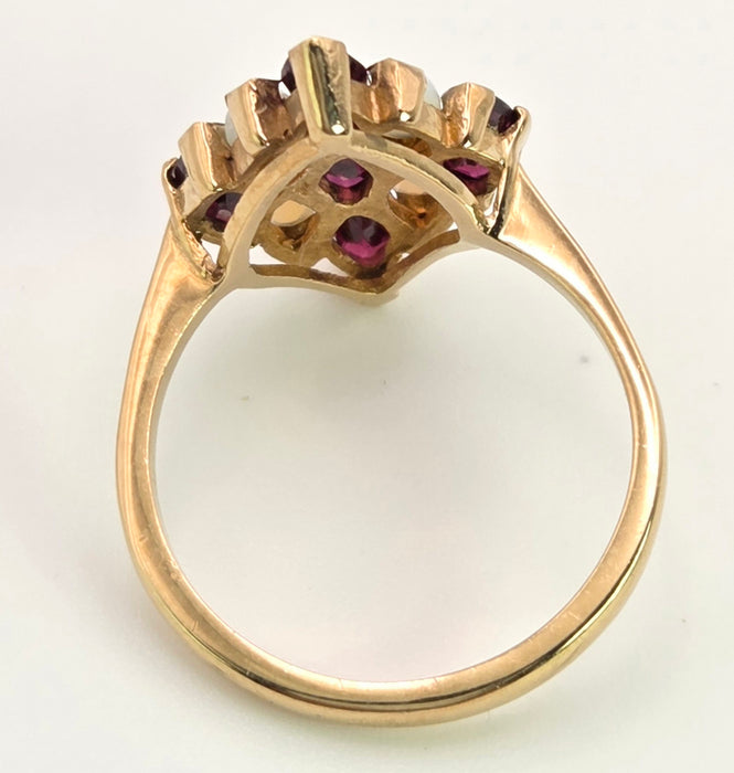 2152: Vintage: 9ct Gold Almandine Garnets White Opals Geometric Set Ring