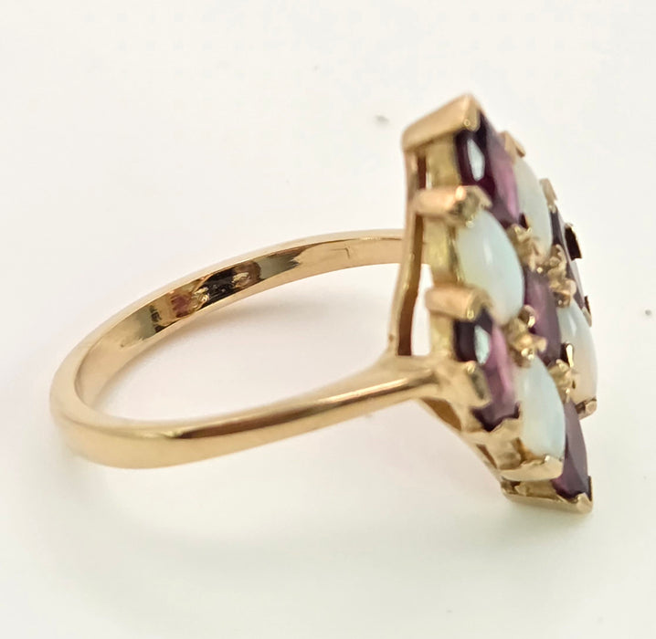 2152: Vintage: 9ct Gold Almandine Garnets White Opals Geometric Set Ring