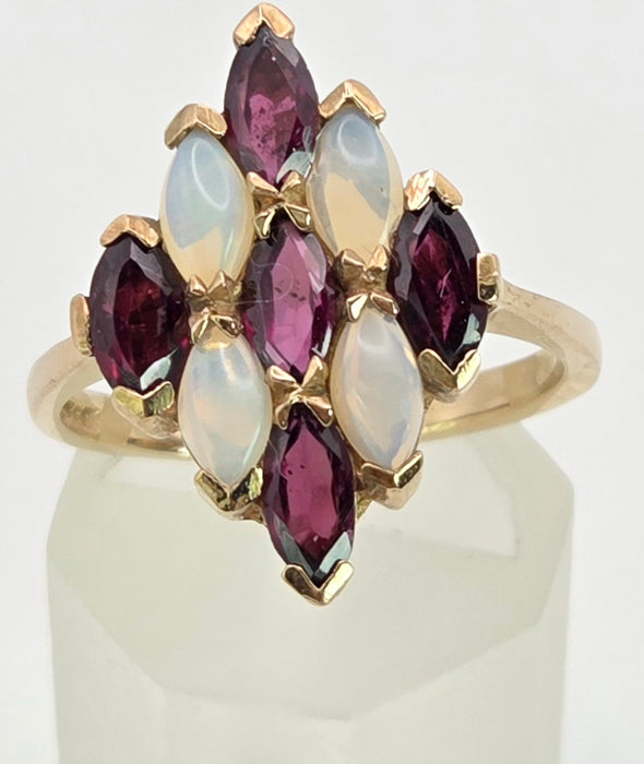 2152: Vintage: 9ct Gold Almandine Garnets White Opals Geometric Set Ring